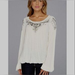 Free People Beaded Ivory Slub Top